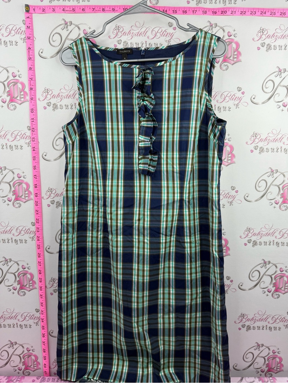 Talbots dress plaid Navy and Teal Plaid Sleeveless Midi Dress